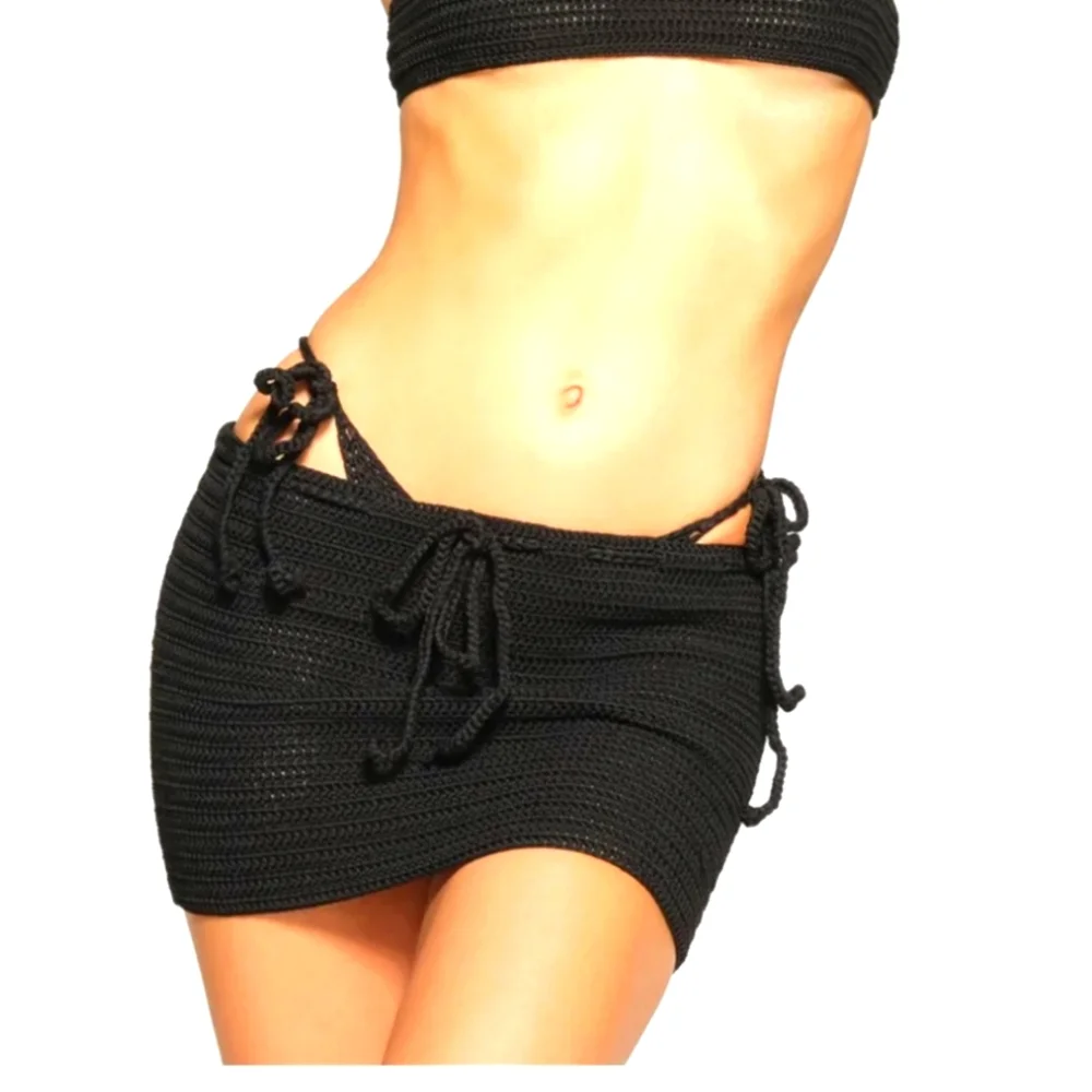 NWT SKIMS Crochet Swim Mini Skirt Swim Cover Plus Onyx Black
